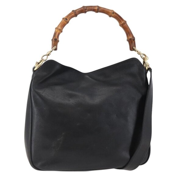 GUCCI Bamboo Shoulder Bag Leather 2way Black Gold - Picture 2 of 16
